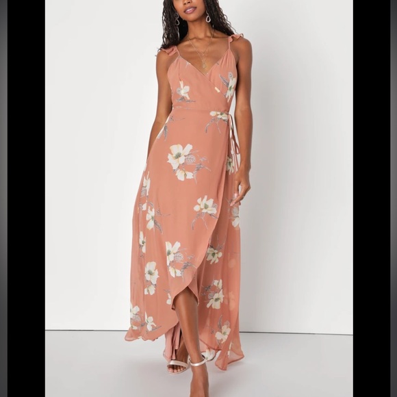 Lulu’s Taupe & Cream All Mine Rusty Rose Floral High-Low Slit Wrap Dress NWT XS - Picture 6 of 16